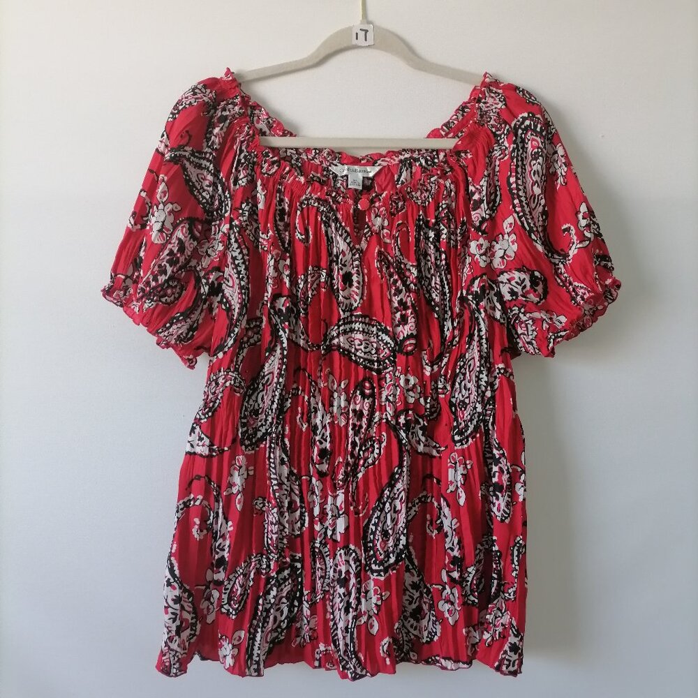 Croft & Barrow Womens Red Puff Sleeve Pleated Paisley Print Blouse Top Size XL
